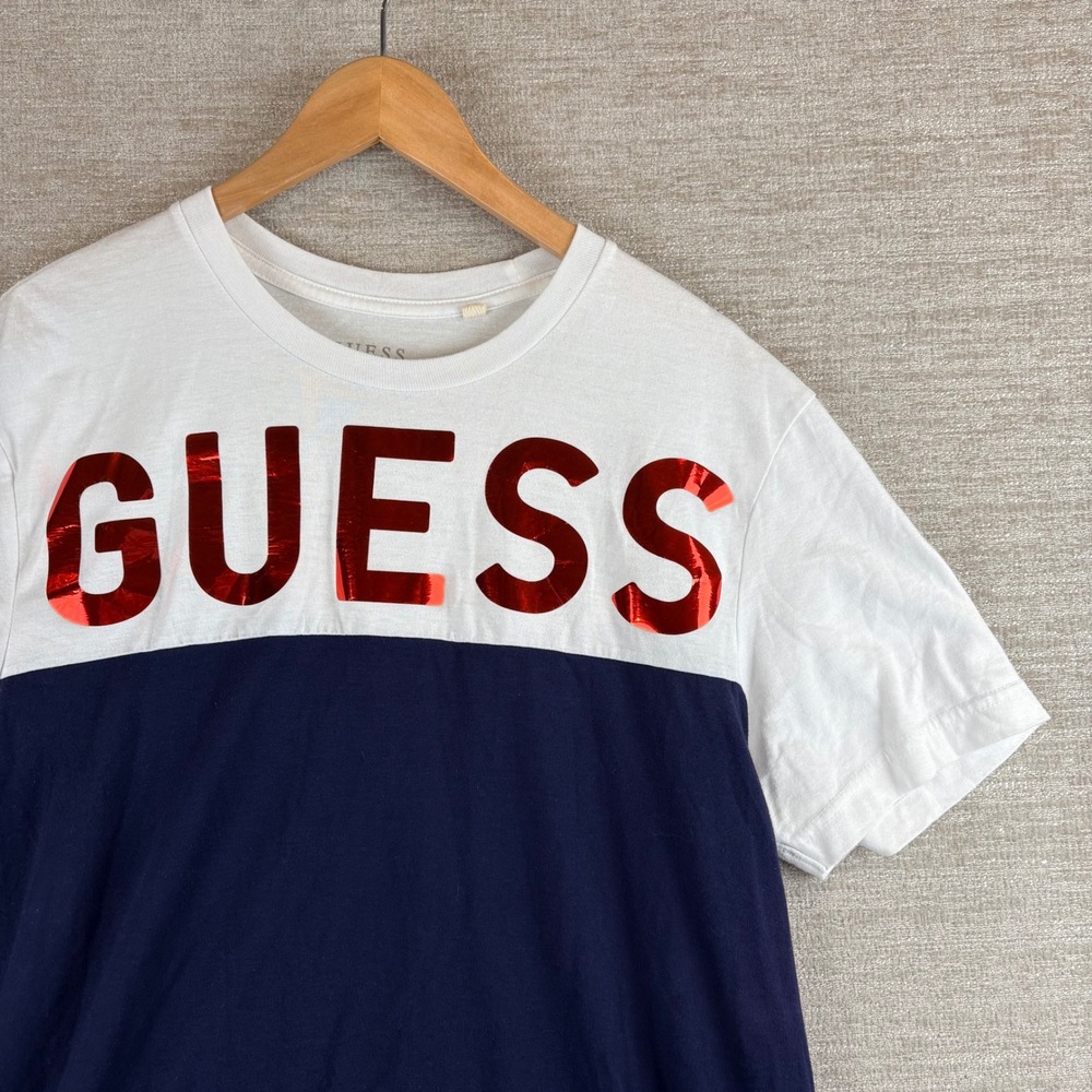 GUESS Eco Colorblock Logo T-Shirt Mens XL Navy White Red Foil Logo EUC 90s